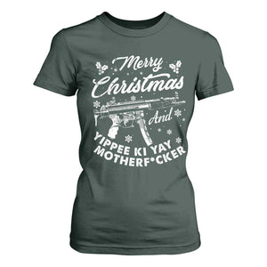 Funny Nakatomi Plaza T Shirt For Women Merry Christmas And Yippee Ki Yay Snowflake Gun TS11 Dark Forest Green Print Your Wear