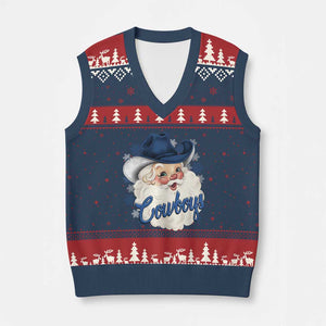 Xmas Cowboys Fan V-Neck Knit Sweater Vest Funny Xmas American Football Blue Santa TS11 Navy Red Print Your Wear