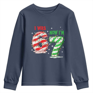 Funny 67 Meme 7 Year Old Birthday Christmas Youth Sweatshirt I Was 6 Now I Am 7 Brainrot TS11 Navy Print Your Wear