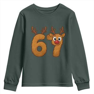 Funny 67 Christmas Reindeer Youth Sweatshirt Six Seven Meme Xmas Holiday TS11 Dark Forest Green Print Your Wear