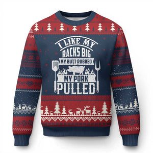 Funny BBQ Grilling I Like My Butt Rubbed And My Pork Pulled Ugly Christmas Sweater Barbecue Father's Day TS11 Navy Red Print Your Wear