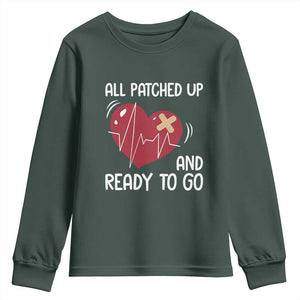 Funny Heart Surgery Recovery Survivor Youth Sweatshirt All Patched Up And Ready To Go CHD Awareness TS11 Dark Forest Green Print Your Wear