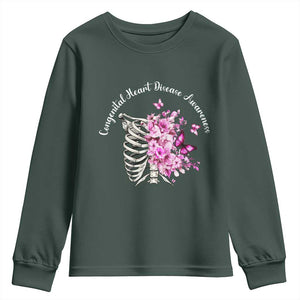 CHD Awareness Youth Sweatshirt Congenital Heart Disease Awareness Floral Rib Cage TS11 Dark Forest Green Print Your Wear