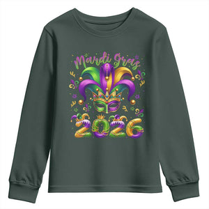 Mardi Gras 2026 Youth Sweatshirt Funny Jester Hat Carnival Fleur De Lis TS11 Dark Forest Green Print Your Wear