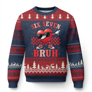 Funny Six Seven Bruh Valentines Day Ugly Christmas Sweater Six Seven Dabbing Heart TS11 Navy Red Print Your Wear