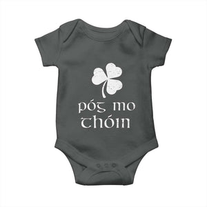 Funny Irish Pog Mo Thoin Baby Onesie St Patrick's Day Gaelic Saying Shamrock TS11 Dark Heather Print Your Wear