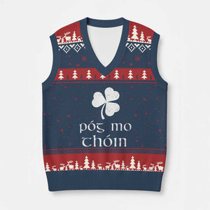 Funny Irish Pog Mo Thoin V-Neck Knit Sweater Vest St Patrick's Day Gaelic Saying Shamrock TS11 Navy Red Print Your Wear