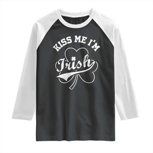 Funny Kiss Me I'm Irish St Patricks Day Raglan Shirt Vintage Shamrock TS11 Black White Print Your Wear