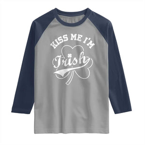 Funny Kiss Me I'm Irish St Patricks Day Raglan Shirt Vintage Shamrock TS11 Sport Gray Navy Print Your Wear