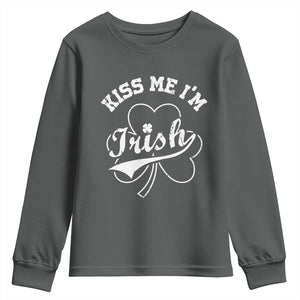 Funny Kiss Me I'm Irish St Patricks Day Youth Sweatshirt Vintage Shamrock TS11 Dark Heather Print Your Wear