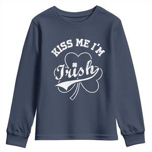 Funny Kiss Me I'm Irish St Patricks Day Youth Sweatshirt Vintage Shamrock TS11 Navy Print Your Wear
