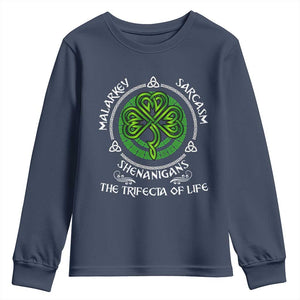 Funny St Patricks Day Irish Pride Youth Sweatshirt Malarkey Sarcasm Shenanigans The Trifecta Of Life TS11 Navy Print Your Wear