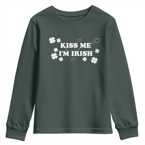 Funny Kiss Me I'm Irish St Patricks Day Youth Sweatshirt TS11 Dark Forest Green Print Your Wear