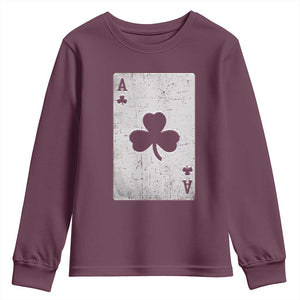 Funny St Patrick's Day Shamrock Clubs Poker Card Youth Sweatshirt TS11 Maroon Print Your Wear