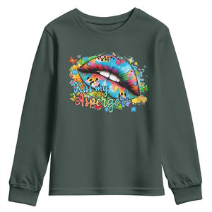 Funny Kiss My Aspergers Youth Sweatshirt Asperger Syndrome Autism Awareness TS11 Dark Forest Green Print Your Wear