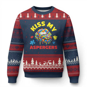Funny Kiss My Aspergers Ugly Christmas Sweater Asperger Syndrome Autism Awareness Puzzle Lips TS11 Navy Red Print Your Wear
