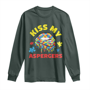 Funny Kiss My Aspergers Long Sleeve Shirt Asperger Syndrome Autism Awareness Puzzle Lips TS11 Dark Forest Green Print Your Wear