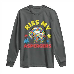 Funny Kiss My Aspergers Long Sleeve Shirt Asperger Syndrome Autism Awareness Puzzle Lips TS11 Dark Heather Print Your Wear