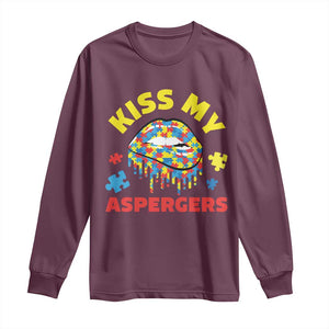 Funny Kiss My Aspergers Long Sleeve Shirt Asperger Syndrome Autism Awareness Puzzle Lips TS11 Maroon Print Your Wear