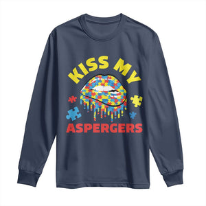 Funny Kiss My Aspergers Long Sleeve Shirt Asperger Syndrome Autism Awareness Puzzle Lips TS11 Navy Print Your Wear