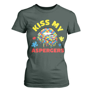 Funny Kiss My Aspergers T Shirt For Women Asperger Syndrome Autism Awareness Puzzle Lips TS11 Dark Forest Green Print Your Wear