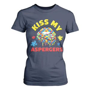 Funny Kiss My Aspergers T Shirt For Women Asperger Syndrome Autism Awareness Puzzle Lips TS11 Navy Print Your Wear