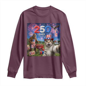 Cat Selfie with Bigfoot USA 250 Years Long Sleeve Shirt Funny 4th Of July Cat Graphic TS11 Maroon Print Your Wear