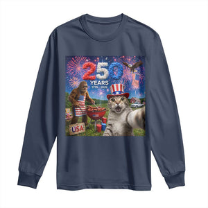Cat Selfie with Bigfoot USA 250 Years Long Sleeve Shirt Funny 4th Of July Cat Graphic TS11 Navy Print Your Wear