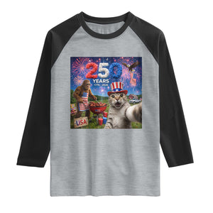 Cat Selfie with Bigfoot USA 250 Years Raglan Shirt Funny 4th Of July Cat Graphic TS11 Heather Gray Black Print Your Wear
