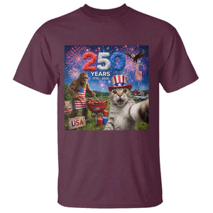 Cat Selfie with Bigfoot USA 250 Years T Shirt Funny 4th Of July Cat Graphic TS11 Maroon Print Your Wear