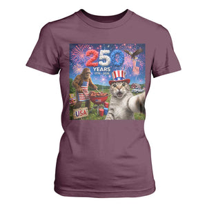 Cat Selfie with Bigfoot USA 250 Years T Shirt For Women Funny 4th Of July Cat Graphic TS11 Maroon Print Your Wear