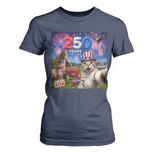 Cat Selfie with Bigfoot USA 250 Years T Shirt For Women Funny 4th Of July Cat Graphic TS11 Navy Print Your Wear