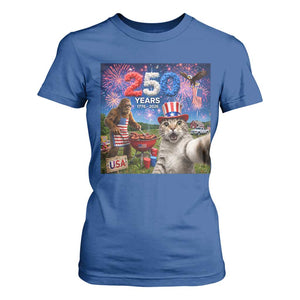 Cat Selfie with Bigfoot USA 250 Years T Shirt For Women Funny 4th Of July Cat Graphic TS11 Royal Blue Print Your Wear