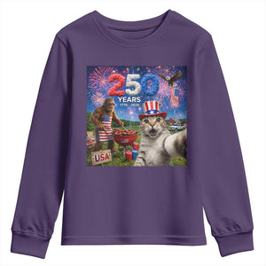 Cat Selfie with Bigfoot USA 250 Years Youth Sweatshirt Funny 4th Of July Cat Graphic TS11 Purple Print Your Wear