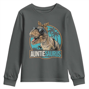 Auntiesaurus Funny Dinosaur Aunt Youth Sweatshirt Family Matching TS11 Dark Heather Print Your Wear