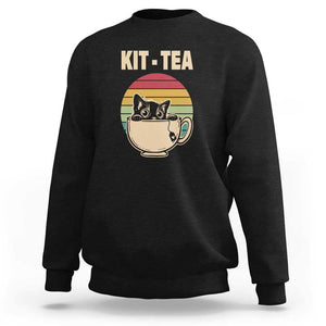 Funny Kitten Sweatshirt Kit Tea Pun Cute Black Cat Retro Tea Cup TS11 Black Print Your Wear