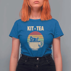 Funny Kitten T Shirt For Women Kit Tea Pun Cute Black Cat Retro Tea Cup TS11 Royal Blue Print Your Wear