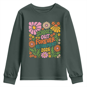 Schools Out Forever Retirement 2026 Youth Sweatshirt Retired Teacher Summer Retro Floral TS11 Dark Forest Green Print Your Wear