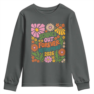 Schools Out Forever Retirement 2026 Youth Sweatshirt Retired Teacher Summer Retro Floral TS11 Dark Heather Print Your Wear