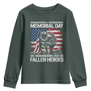 Memorial Day Youth Sweatshirt Remembering Our Fallen Heroes Veteran Day American Flag TS11 Dark Forest Green Print Your Wear