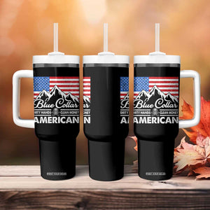 Blue Collar American Tumbler With Handle Dirty Hands Clean Money Vintage American Flag Mountain TS11 Print Your Wear