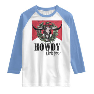 Western Howdy Christmas Raglan Shirt Longhorn Skull Xmas Wreath TS11 White Carolina Blue Print Your Wear