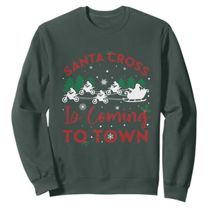 Funny Christmas Dirt Bike Sweatshirt Santa Cross Is Coming To Town Motorcross TS11 Dark Forest Green Print Your Wear