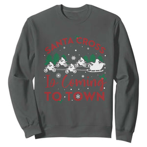 Funny Christmas Dirt Bike Sweatshirt Santa Cross Is Coming To Town Motorcross TS11 Dark Heather Print Your Wear