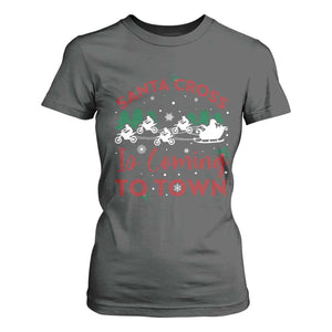 Funny Christmas Dirt Bike T Shirt For Women Santa Cross Is Coming To Town Motorcross TS11 Dark Heather Print Your Wear