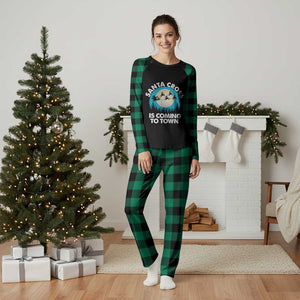 Funny Christmas Motocross Plaid Pajama Set Santa Cross Is Coming To Town Sport TS11 Green Plaid Print Your Wear