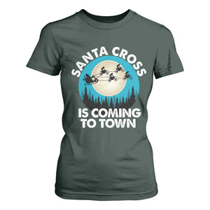 Funny Christmas Motocross T Shirt For Women Santa Cross Is Coming To Town Sport TS11 Dark Forest Green Print Your Wear