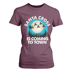 Funny Christmas Motocross T Shirt For Women Santa Cross Is Coming To Town Sport TS11 Maroon Print Your Wear