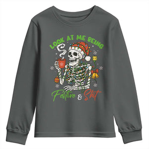 Look At Me Being Festive And Shit Youth Sweatshirt Funny Christmas Skeleton TS11 Dark Heather Print Your Wear