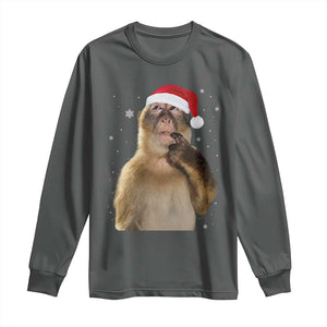 Christmas Thinking Monkey Meme Humor Brainrot Long Sleeve Shirt TS11 Dark Heather Print Your Wear